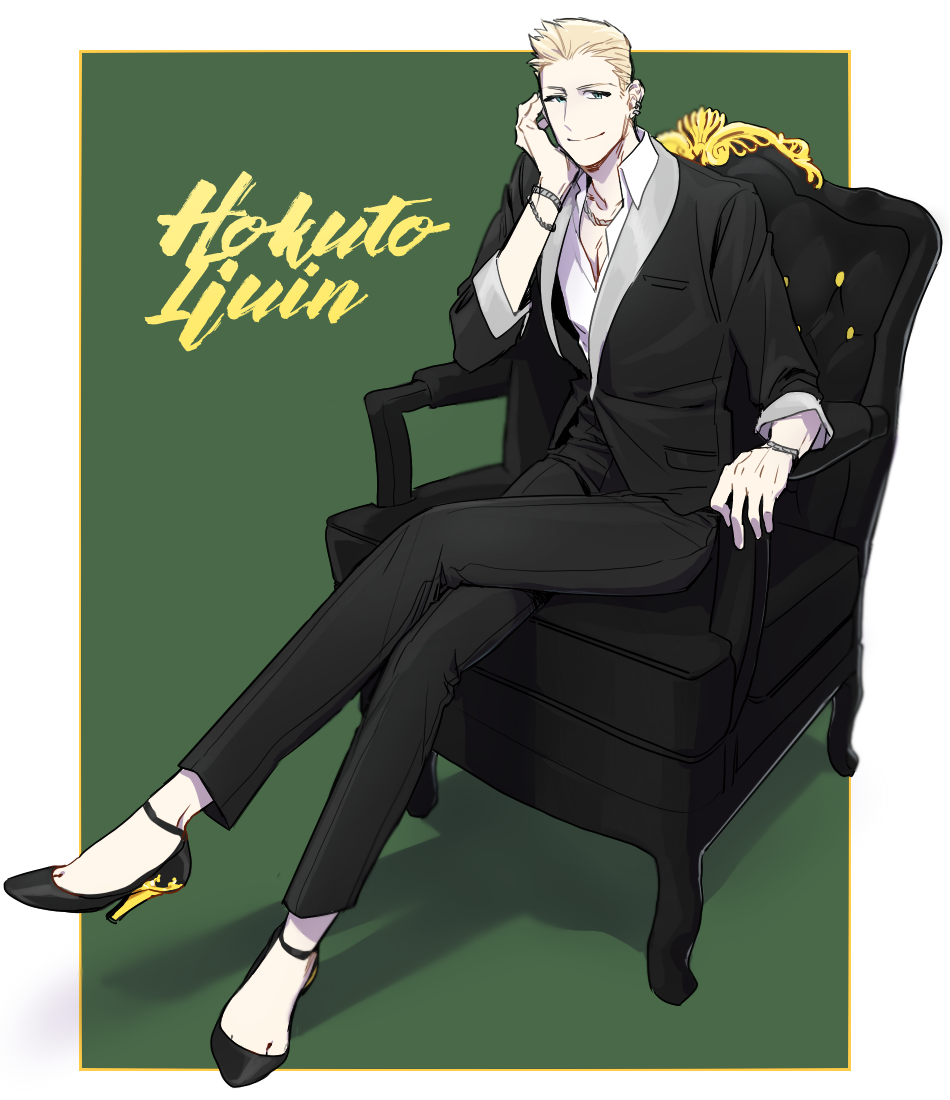 10s, 1boy, aniki_(chaji1129), blackish_961sp, blonde_hair, blue_eyes, chair, character_name, closed_mouth, earrings, full_body, green_background, high_heels, idolmaster, idolmaster_side-m, ijuuin_hokuto, jewelry, looking_at_viewer, male_focus, quiff, sitting, smile, solo, square