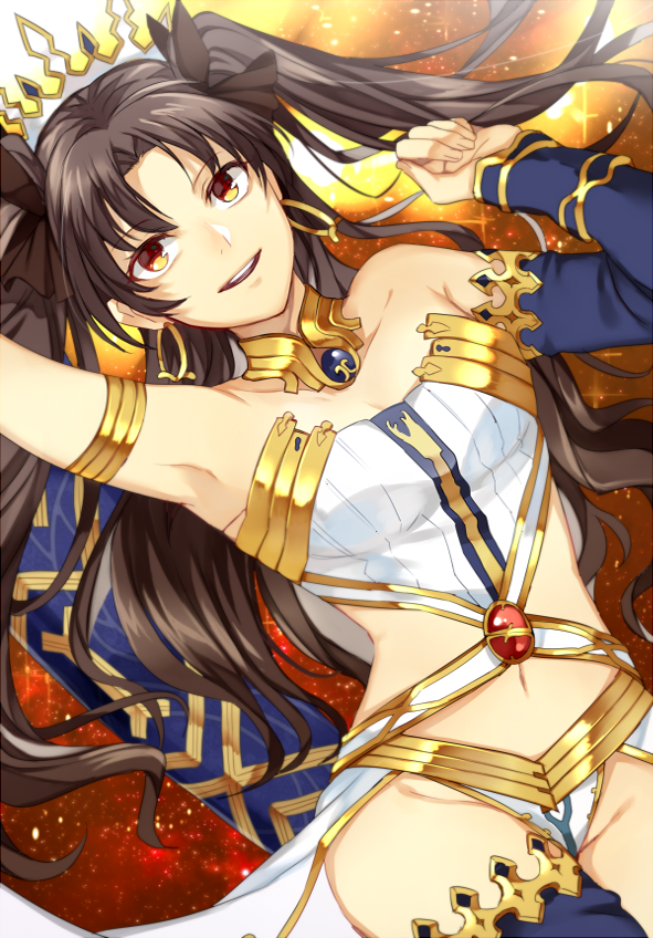 1girl, 2f_sq, :d, armlet, bare_arms, bare_shoulders, black_detached_sleeves, breasts, brown_hair, crown, detached_sleeves, earrings, fate/grand_order, fate_(series), female_focus, gem, hair_ribbon, hoop_earrings, ishtar_(fate), ishtar_(first_ascension)_(fate), jewelry, long_hair, lying, navel, neck, on_back, open_mouth, pelvic_curtain, revealing_clothes, ribbon, round_teeth, single_sleeve, single_thighhigh, smile, solo, strapless, teeth, thighhighs, thighlet, tohsaka_rin, two_side_up, type-moon, yellow_eyes