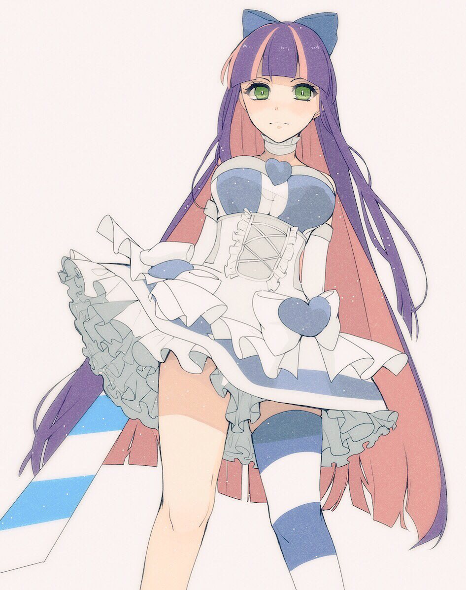10s, 1girl, bow, choker, closed_mouth, colored_inner_hair, corset, dress, female_focus, green_eyes, hair_bow, heart, hrmnas, long_hair, looking_at_viewer, multicolored_hair, panty_&amp;_stocking_with_garterbelt, petticoat, pink_hair, purple_background, purple_hair, simple_background, single_thighhigh, solo, standing, stocking_(psg), striped_clothes, striped_thighhighs, sword, thighhighs, thighs, two-tone_hair, very_long_hair, weapon, white_dress