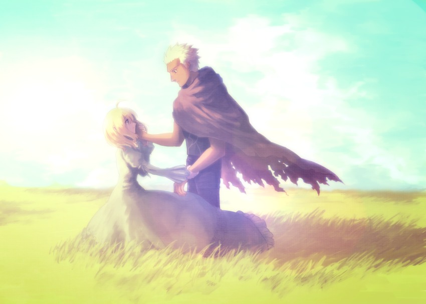 1boy, 1girl, ahoge, archer_(fate), artoria_pendragon_(fate), bad_id, bad_pixiv_id, blonde_hair