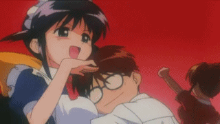 1boy, 2girls, andou_mahoro, animated, animated_gif, anime_screenshot, blue_hair, brown_hair, glasses, gradient_background, green_eyes, hug, jealous, laughing, lowres, mahoromatic, maid, misato_suguru, multiple_girls, ojou-sama_pose, open_mouth, shikijou_saori