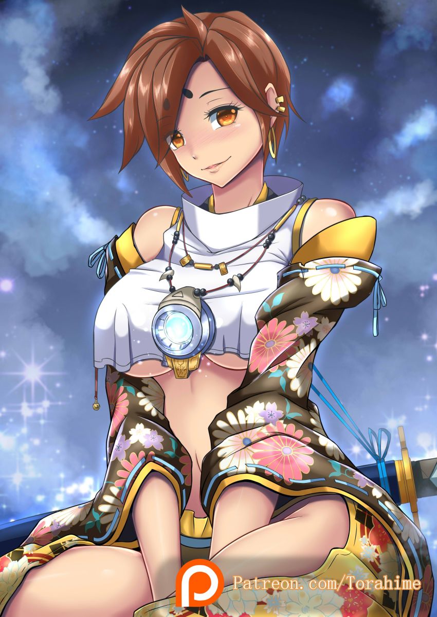 1girl, absurdres, adapted_costume, bare_shoulders, between_legs, bikini, bikini_bottom_only, blush, breasts, brown_eyes, brown_hair, cloud, cloudy_sky, crop_top, detached_sleeves, ear_piercing, earrings, eyelashes, eyes_visible_through_hair, facial_mark, female_focus, floral_print, forehead_mark, frilled_bikini, frills, groin, hair_over_one_eye, hand_between_legs, head_tilt, highres, hoop_earrings, japanese_clothes, jewelry, katana, kimono, large_breasts, looking_at_viewer, matching_hair/eyes, navel, necklace, night, nose_blush, overwatch, overwatch_1, parted_lips, patreon, piercing, ribbon-trimmed_sleeves, ribbon_trim, scabbard, sheath, sheathed, short_hair, sitting, sky, smile, solo, sparkle, spiked_hair, star_(sky), starry_sky, swimsuit, sword, torahime_(roland00), torahimemax, tracer_(overwatch), underboob, watermark, weapon, weapon_on_back, web_address, yellow_bikini