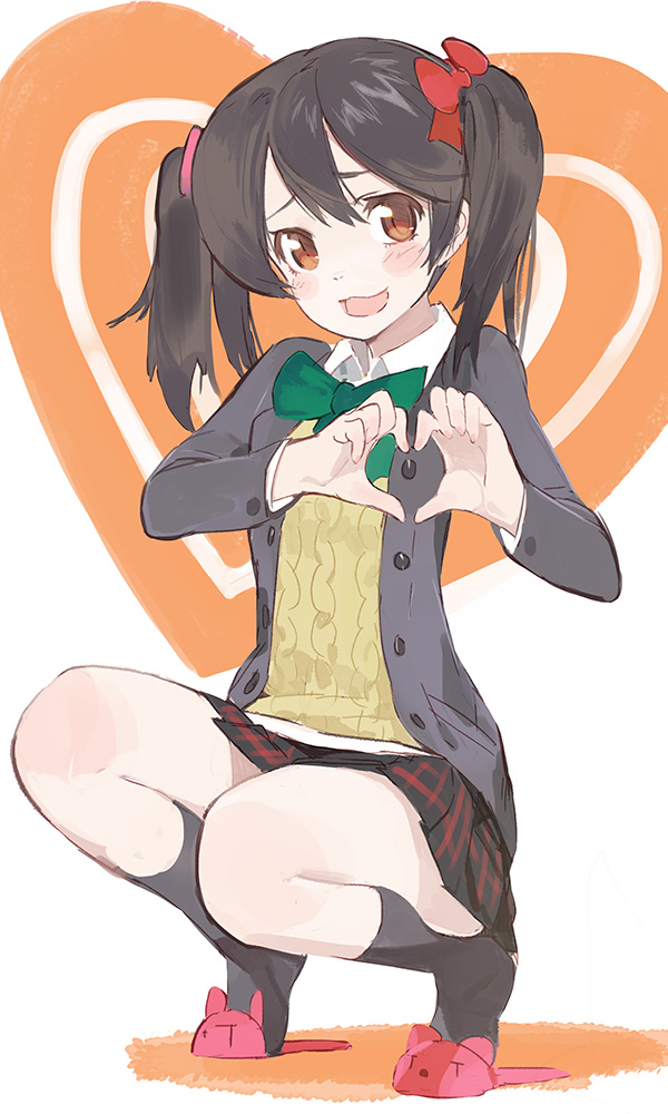 10s, 1girl, animal_slippers, black_hair, blazer, bow, bowtie, cardigan