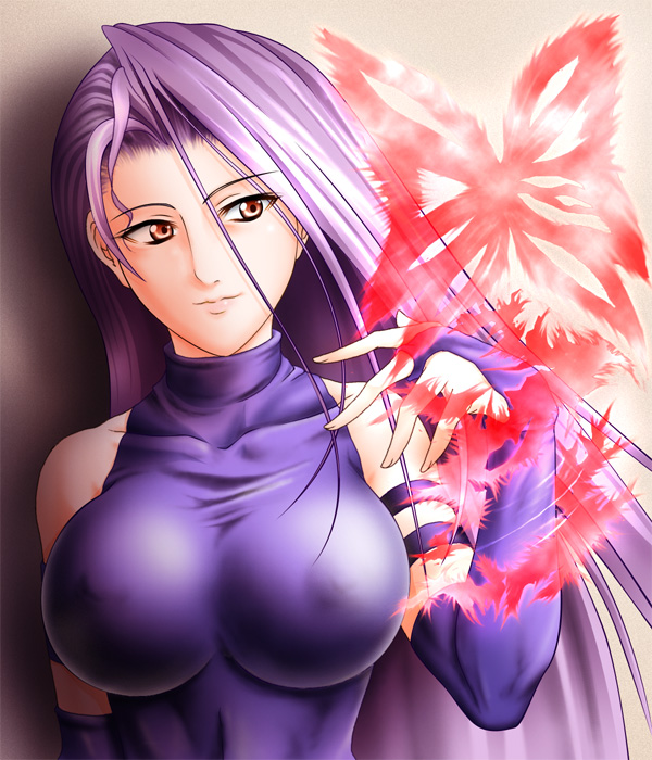 1girl, animification, bare_shoulders, breasts, covered_erect_nipples, elbow_gloves, female_focus, fingerless_gloves, gloves, large_breasts, leotard, long_hair, marvel, orange_eyes, psylocke, shimusu, skin_tight, solo, x-men