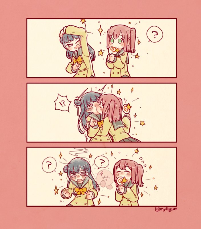 !?, 10s, 2girls, ?, bad_id, bad_twitter_id, black_hair, blue_hair, blush, bow, bowtie, candy, comic, eating, female_focus, flying_sweatdrops, food, fume, gameplay_mechanics, hair_bun, holding, holding_food, kirby, kirby_(series), kiss, kurosawa_ruby, lollipop, long_hair, long_sleeves, looking_down, love_live!, love_live!_school_idol_project, love_live!_sunshine!!, multiple_girls, my11gum, nintendo, one_eye_closed, open_mouth, purple_eyes, red_hair, school_uniform, serafuku, short_hair, side_bun, single_hair_bun, single_side_bun, skirt, smile, sparkle, speech_bubble, spoken_interrobang, spoken_question_mark, star_(symbol), surprised, sweets, tsushima_yoshiko, twintails, two_side_up, upper_body, yellow_bow, yellow_bowtie, yuri