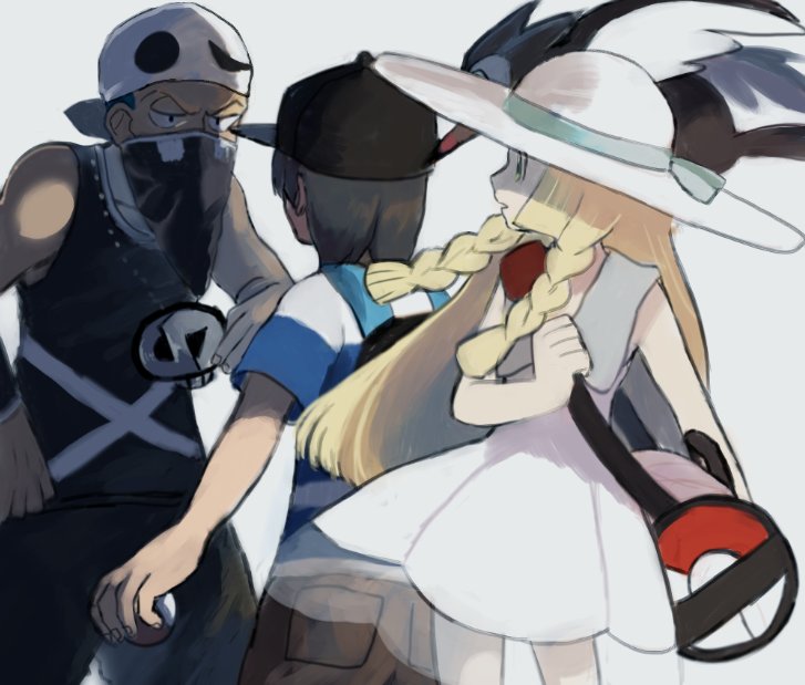 1girl, 2boys, bag, bandana, bandana_over_mouth, baseball_cap, bird, black_hair