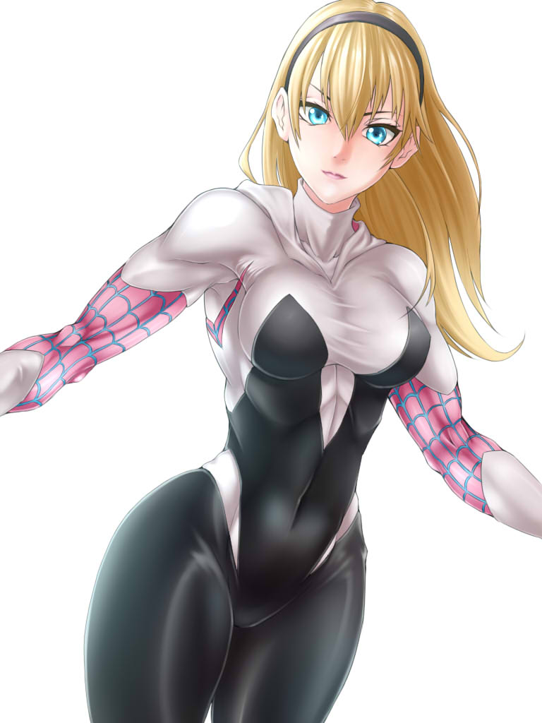 1girl, akx90000, animification, armpits, blonde_hair, blue_eyes, bodysuit, breasts