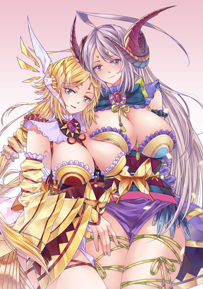 2girls, ahoge, bare_shoulders, between_breasts, blonde_hair, blue_eyes, breasts, bug, butterfly, cleavage, curvy, detached_sleeves, dragon_girl, dragon_horns, eyeliner, facial_mark, forehead_mark, frilled_sleeves, frills, grey_hair, highres, horns, huge_ahoge, huge_breasts, japanese_clothes, kanna_(p&amp;d), long_hair, looking_at_viewer, makeup, multiple_girls, parted_lips, purple_eyes, puzzle_&amp;_dragons, ribbon, roy_(pixiv992911), sitting, skindentation, smile, very_long_hair, wide_hips, wide_sleeves