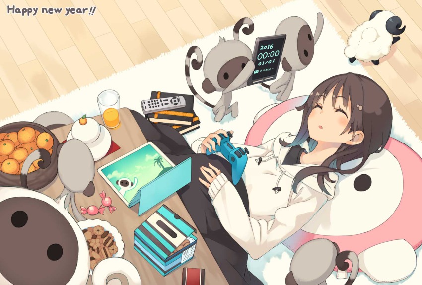1girl, 2016, book, bowl, box, brown_hair, candy, closed_eyes, controller, cookie, female_focus, food, fruit, game_controller, glass, highres, hood, hoodie, japan_post_service, juice, kagami_mochi, kotatsu, long_hair, lying, mk_(masatusaboten), monkey, new_year, on_back, orange_(fruit), orange_juice, parted_lips, pillow, plate, remote_control, rug, sheep, sleeping, solo, table, tablet_pc, wrapped_candy