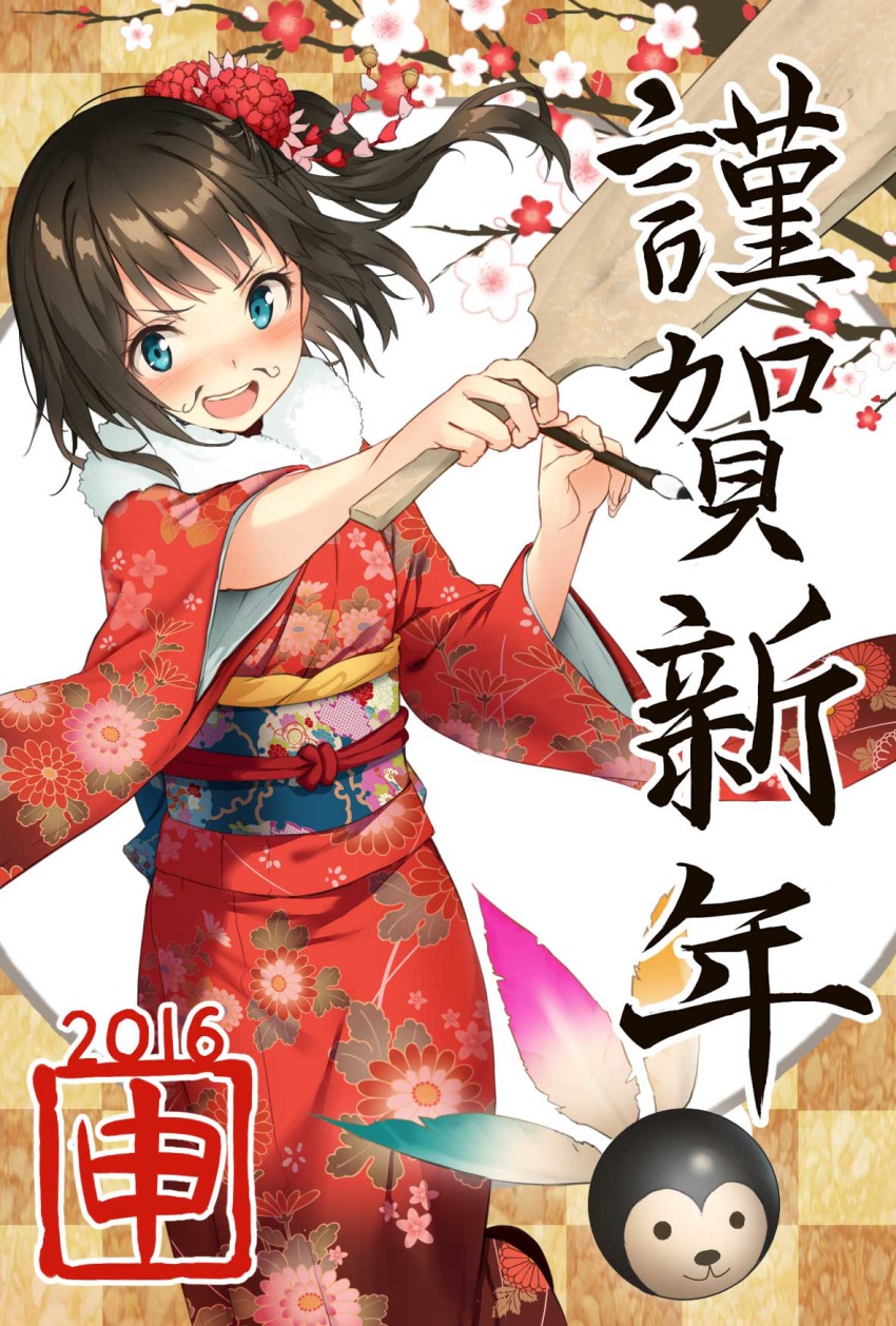 1girl, 2016, artist_request, bell, blue_eyes, blush, brown_hair, brush