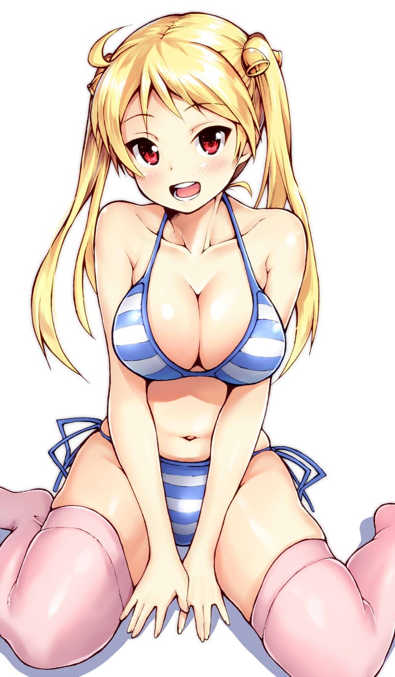 10s, 1girl, bad_id, bad_twitter_id, bakuon!!, bell, between_legs, bikini, blonde_hair, blue_bikini, blush, breasts, cleavage, female_focus, hair_bell, hair_ornament, hand_between_legs, highres, inactive_account, large_breasts, long_hair, looking_at_viewer, navel, open_mouth, pink_thighhighs, red_eyes, satoutakahumi, side-tie_bikini_bottom, sitting, smile, solo, striped_bikini, striped_clothes, suzunoki_rin, swimsuit, thighhighs, twintails, v_arms, wariza