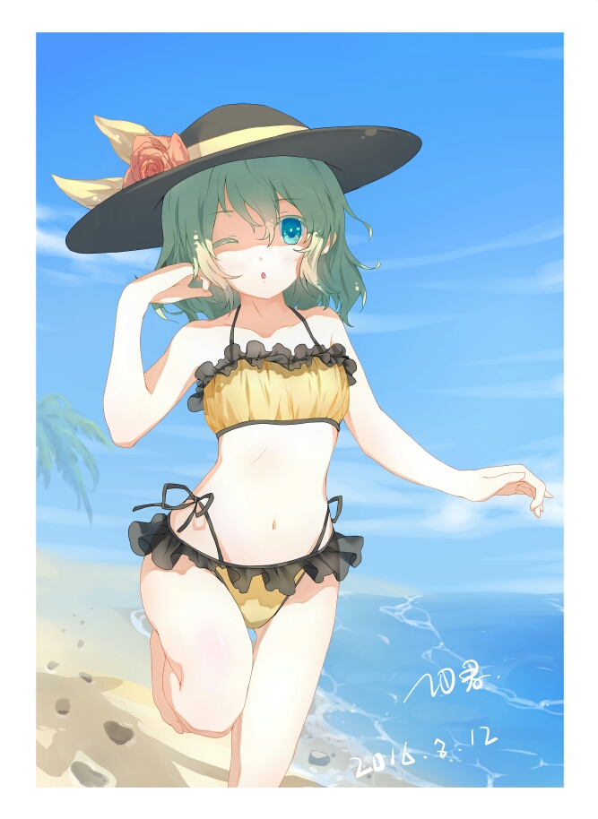 1girl, 2016, ;o, bare_shoulders, barefoot, beach, bikini, blue_sky, collarbone, cowboy_shot, dated, day, female_focus, flower, footprints, frilled_bikini, frills, green_eyes, green_hair, hair_between_eyes, hand_in_own_hair, hand_to_head, hand_up, hat, hat_flower, hat_ribbon, highleg, highleg_bikini, id_kun, komeiji_koishi, leg_up, matching_hair/eyes, navel, ocean, one_eye_closed, open_mouth, outdoors, ribbon, short_hair, side-tie_bikini_bottom, sky, solo, standing, standing_on_one_leg, stomach, swimsuit, thigh_gap, touhou, tucking_hair, yellow_bikini, yellow_ribbon
