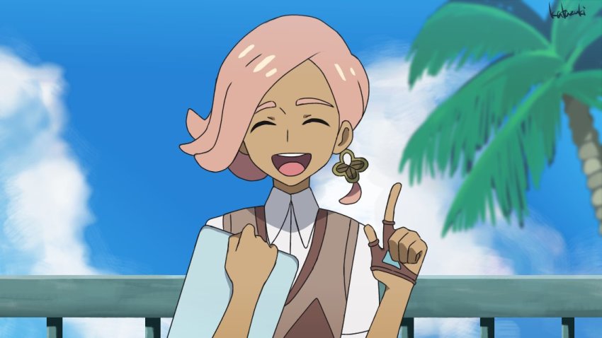 1boy, :d, androgynous, artist_name, brown_gloves, clipboard, closed_eyes, cloud