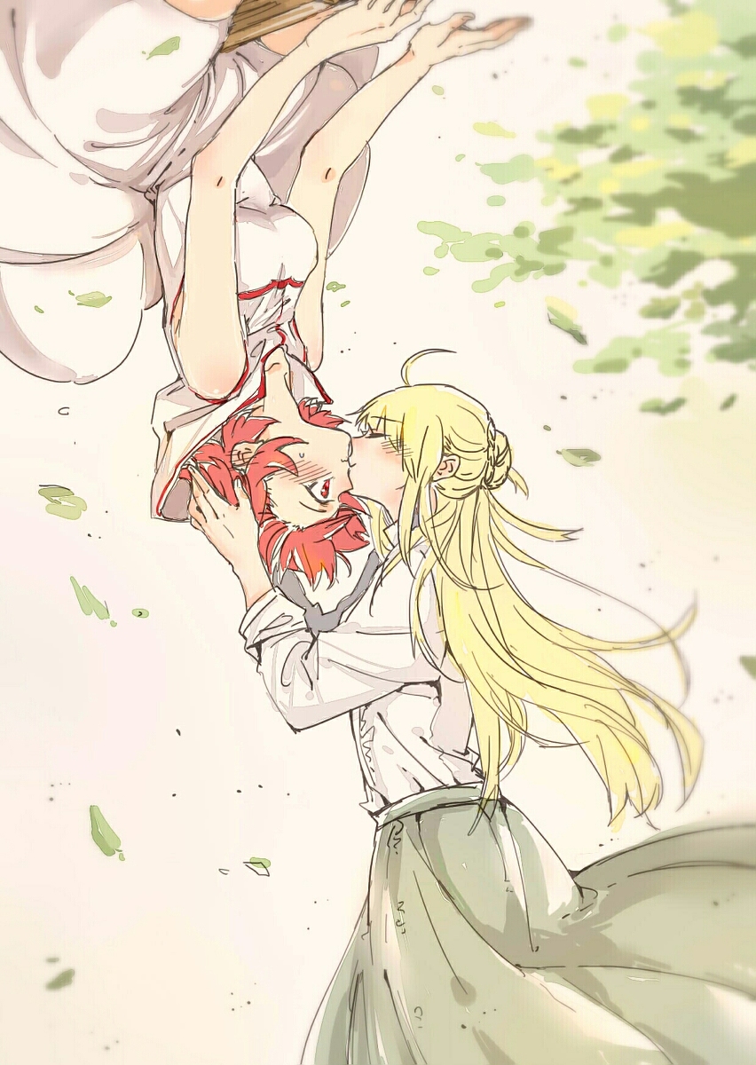 10s, 2girls, ahoge, bare_arms, bare_shoulders, blonde_hair, blush, braid, breasts, closed_eyes, couple, dress, female_focus, flying, green_skirt, harii, head_grab, highres, izetta, izetta_(shuumatsu_no_izetta), kiss, large_breasts, leaf, long_hair, long_skirt, long_sleeves, looking_at_another, multiple_girls, ortfine_fredericka_von_eylstadt, red_eyes, red_hair, shirt, short_hair, shuumatsu_no_izetta, skirt, sleeveless, sleeveless_dress, smile, standing, surprised, sweatdrop, upside-down, upside-down_kiss, very_long_hair, white_dress, white_shirt, yuri