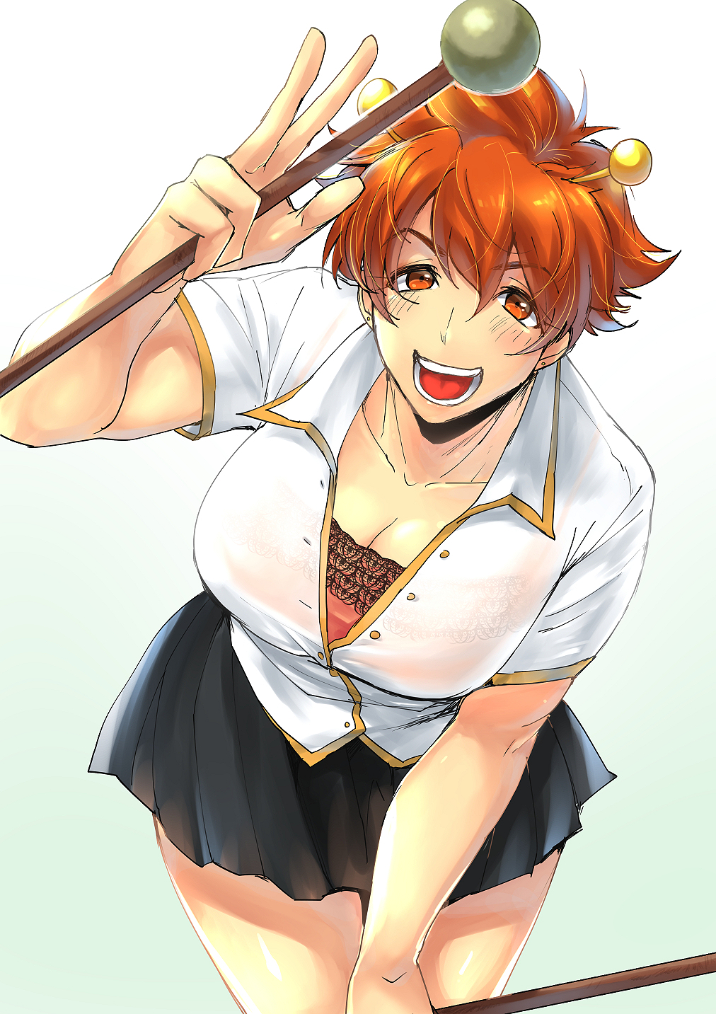 10s, 1girl, antennae, bad_id, bad_pixiv_id, bent_over, blue_background, breasts, camisole, drumsticks, female_focus, genderswap, genderswap_(mtf), highres, large_breasts, omutsu_(shina94), open_collar, open_mouth, orange_eyes, orange_hair, pleated_skirt, school_uniform, see-through_clothes, short_hair, show_by_rock!!, simple_background, skirt, solo, spaghetti_strap, tareme, tentomutsumi_(show_by_rock!!), tomboy, v