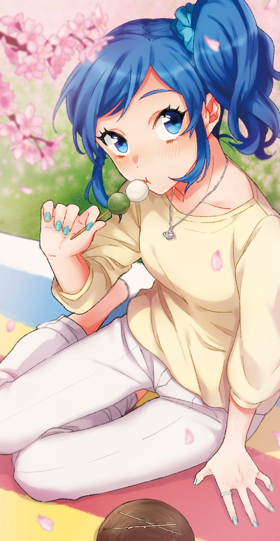 10s, 1girl, :i, aikatsu!, aikatsu!_(series), aqua_nails, arm_support, blanket, blue_eyes, blue_hair, blurry, blush, breasts, cherry_blossoms, closed_mouth, dango, day, depth_of_field, eating, eyelashes, female_focus, food, from_above, grass, hair_ornament, hair_scrunchie, hanami, highres, holding, jewelry, kiriya_aoi, looking_at_viewer, matching_hair/eyes, medium_breasts, motion_blur, nail_polish, necklace, outdoors, pants, pendant, petals, plate, ring, sanshoku_dango, saturn_(planet), scrunchie, shiman, shirt, side_ponytail, sidelocks, sitting, three-quarter_sleeves, solo, spread_fingers, striped, t-shirt, wagashi, wavy_hair, white_pants, yokozuwari