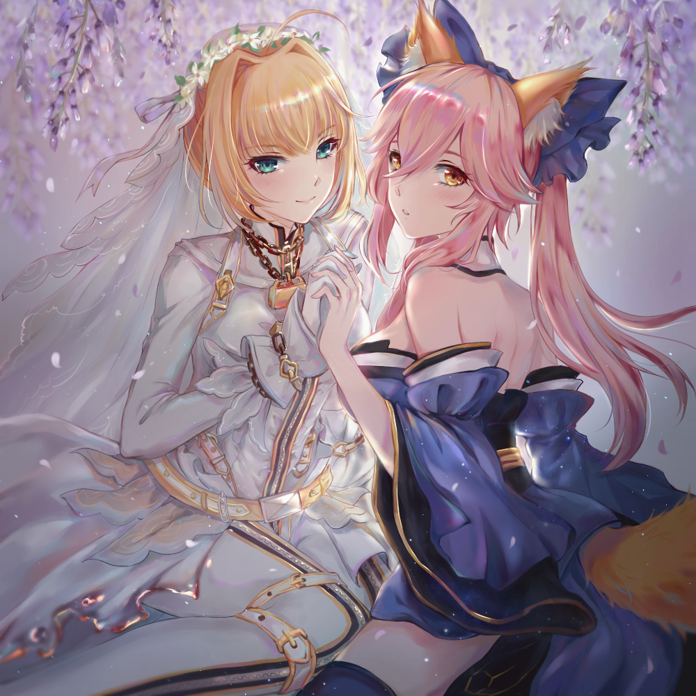 10s, 2girls, animal_ears, blonde_hair, blue_legwear, bodysuit, breasts, chain