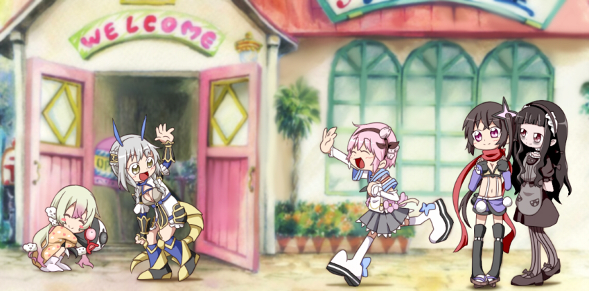 5girls, :d, ^_^, backpack, bag, black_hair, braid, breasts