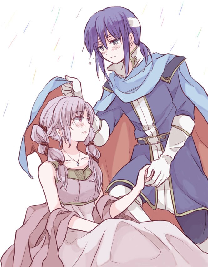 1boy, 1girl, blue_hair, blush, braid, cape, fire_emblem, fire_emblem:_genealogy_of_the_holy_war