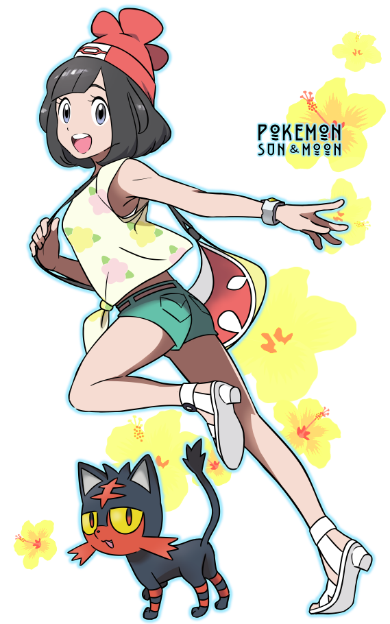 1girl, aqua_shorts, armpit_peek, armpits, bag, black_hair, blue_eyes, blunt_bangs, churumi_(grie), colored_sclera, commentary_request, copyright_name, floral_background, floral_print, full_body, gen_7_pokemon, hat, high_heels, litten, looking_at_viewer, nintendo, open_mouth, outline, outstretched_arm, pokemon, pokemon_(creature), pokemon_sun_and_moon, red_eyes, red_hat, running, sandals, selene_(pokemon), shirt, short_hair, short_shorts, shorts, sleeveless, smile, watch, white_background, yellow_sclera, yellow_shirt