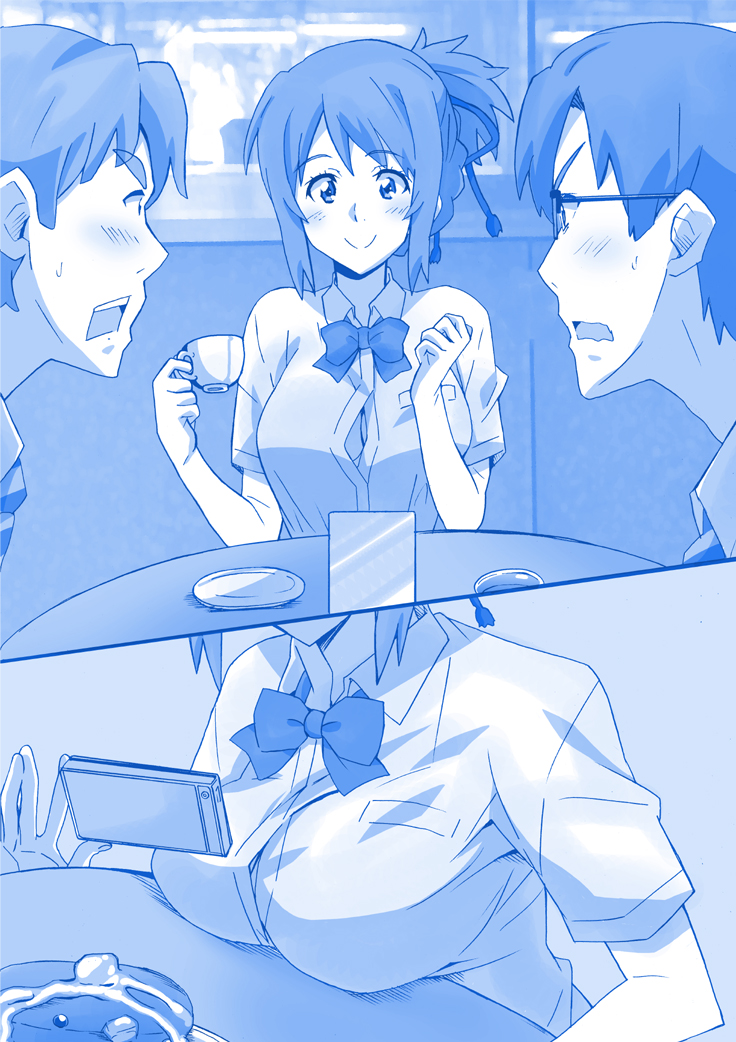 1girl, 2boys, blue_theme, blush, bow, bowtie, braid, breast_rest, breasts, cafe, cellphone, cleavage, cleavage_cutout, clothing_cutout, collared_shirt, comic, commentary, cup, food, fujii_tsukasa, getsuyoubi_no_tawawa, glasses, holding, holding_cup, holding_phone, kimi_no_na_wa., large_breasts, looking_at_another, looking_down, miyamizu_mitsuha, monochrome, multiple_boys, pancake, parody, phone, plate, ponpon, ponytail, saucer, shirt, short_hair, short_sleeves, single_braid, smartphone, smile, style_parody, sweatdrop, takagi_shinta, teacup, teeth, thick_eyebrows, wavy_mouth