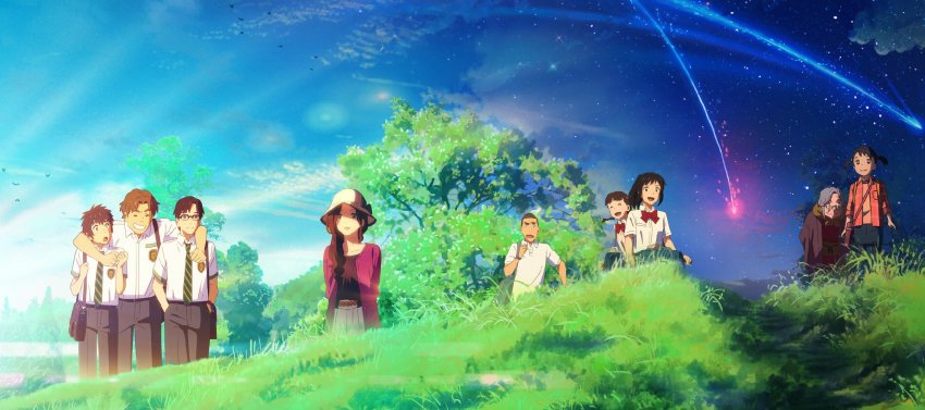 10s, 4boys, 5girls, arms_around_neck, arms_behind_back, bag, belt, bicycle