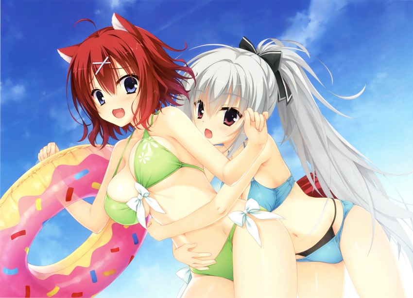 2girls, absurdres, amairo_islenauts, animal_ears, bikini, blue_bikini, blue_eyes, bow, breasts, cleavage, company_connection, cropped, crossover, day, donut_innertube, dracu-riot!, dutch_angle, elena_olegovna_owen, fang, green_bikini, hair_bow, hair_ornament, hair_ribbon, hairclip, highres, hug, hug_from_behind, innertube, kobuichi, large_breasts, layered_bikini, long_hair, masaki_gaillard, md5_mismatch, multi-strapped_bikini, multiple_girls, muririn, navel, open_mouth, outdoors, ponytail, purple_eyes, red_hair, ribbon, scan, silver_hair, strap_gap, swim_ring, swimsuit, tail, very_long_hair, x_hair_ornament, yuzusoft
