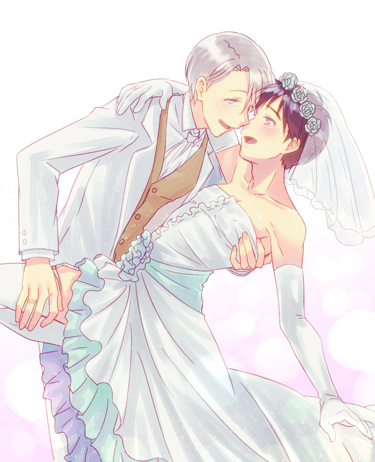 10s, 2boys, black_hair, blue_eyes, bridal_veil, brown_eyes, crossdressing, crossdressing_(mtf)