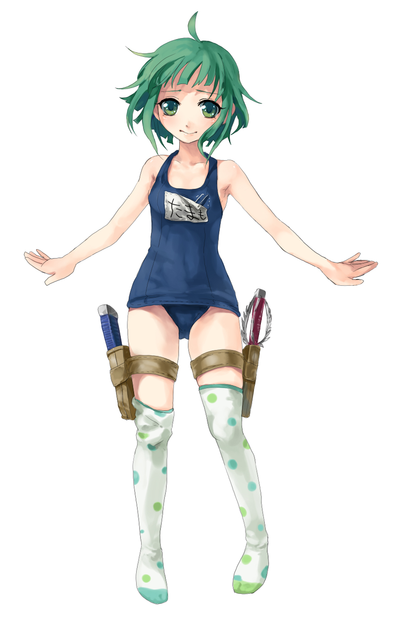 1girl, ahoge, female_focus, full_body, green_eyes, green_hair, highres, holster, matching_hair/eyes, one-piece_swimsuit, otosume_ruiko, patterned_legwear, polka_dot, polka_dot_legwear, saijo_tamamo, saijou_tamamo, school_swimsuit, simple_background, solo, swimsuit, thigh_strap, thighhighs, zaregoto_series