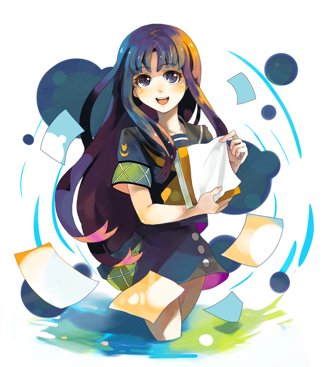 1girl, female_focus, flying_paper, hagihara_shiogi, long_hair, otosume_ruiko, paper, school_uniform