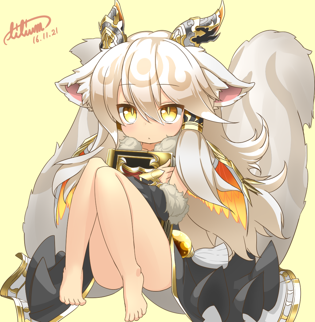 1girl, :<, animal_ears, barefoot, blush, book, dated, demon_horns
