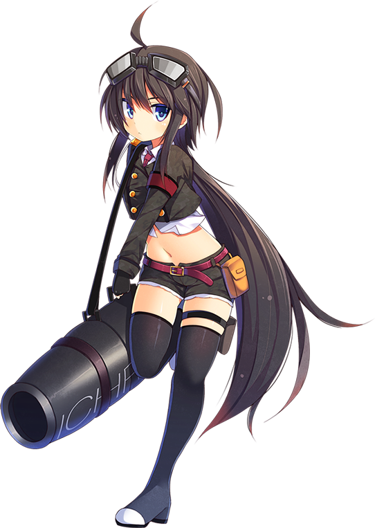 1girl, ahoge, black_boots, black_gloves, black_thighhighs, blue_eyes, boots, cannon