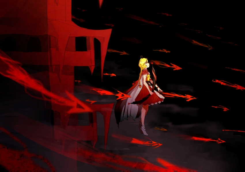 ahoge, androgynous, armor, blonde_hair, bow_(weapon), braid, breastplate, cape, character_request, danmaku, gender_request, ghostly_eyes, heart, heart_ahoge, japanese_clothes, len'en, long_hair, ooama_no_ake_no_mitori, polearm, red_eyes, smile, solo, spear, twin_braids, weapon