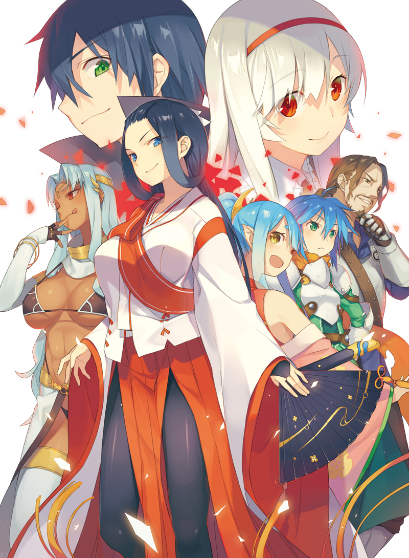 2boys, 5girls, ;q, anna_(sennen_sensou_aigis), bikini, black_hair, blue_eyes, blue_hair