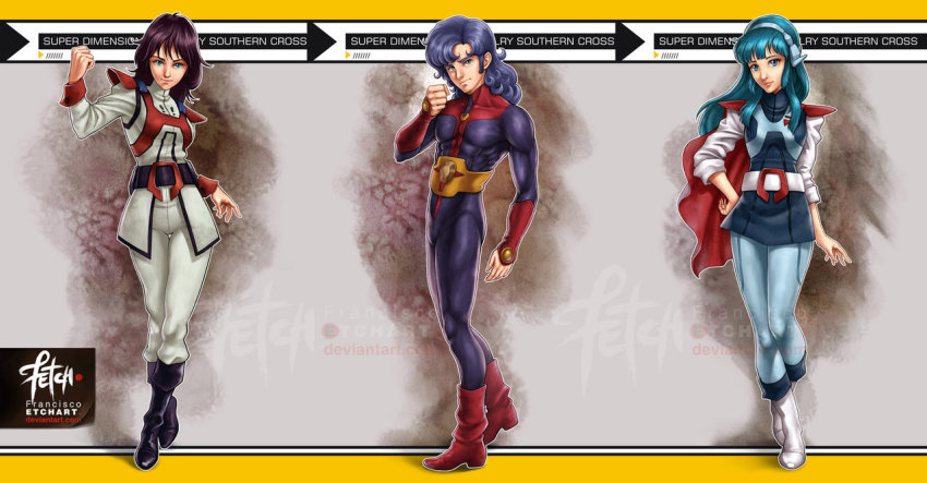 1boy, 2girls, alien, aqua_hair, blue_eyes, blue_hair, bodysuit, boots