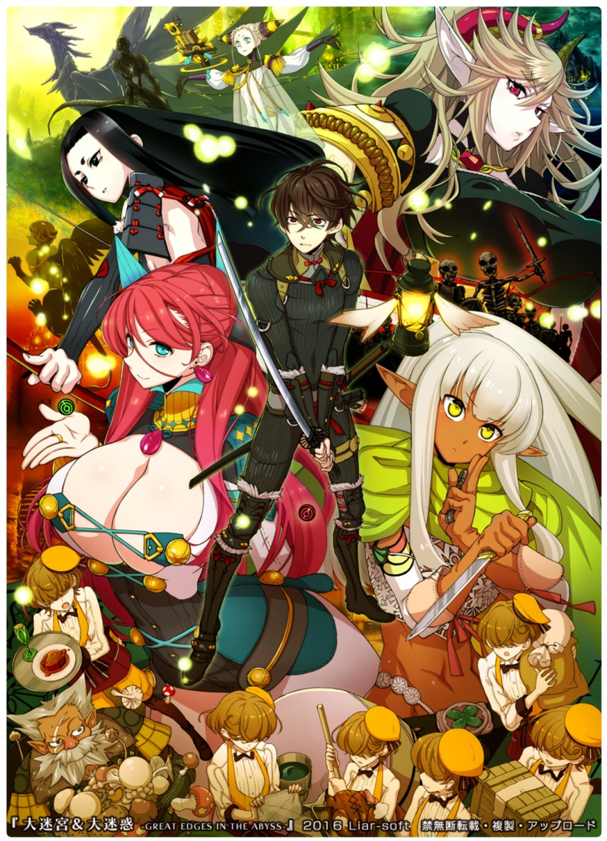 beard, black_eyes, blue_eyes, bow, bowtie, braid, breasts, brown_hair