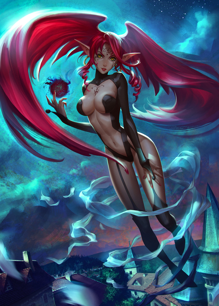 1girl, black_leotard, breasts, building, chest_tattoo, cleavage, cloud, cloudy_sky, darkness, drill_hair, drill_sidelocks, earrings, energy_ball, eyeliner, facial_mark, facial_tattoo, female_focus, fingernails, forehead_mark, garter_straps, groin, hand_on_lap, hand_up, hoop_earrings, house, jewelry, kir_tata, large_breasts, leotard, lips, lipstick, long_fingernails, long_hair, long_sleeves, looking_at_viewer, makeup, midair, midriff, nail_polish, navel, night, parted_lips, pointy_ears, red_hair, red_lips, red_nails, revealing_clothes, ribbed_leotard, rooftop, shamanic_princess, sharp_fingernails, sidelocks, sky, solo, star_(sky), starry_sky, stomach, tatiana_kirgetova, tattoo, teeth, thighhighs, tiara_(shamanic_princess), tile_floor, tiles, twintails, window, yellow_eyes