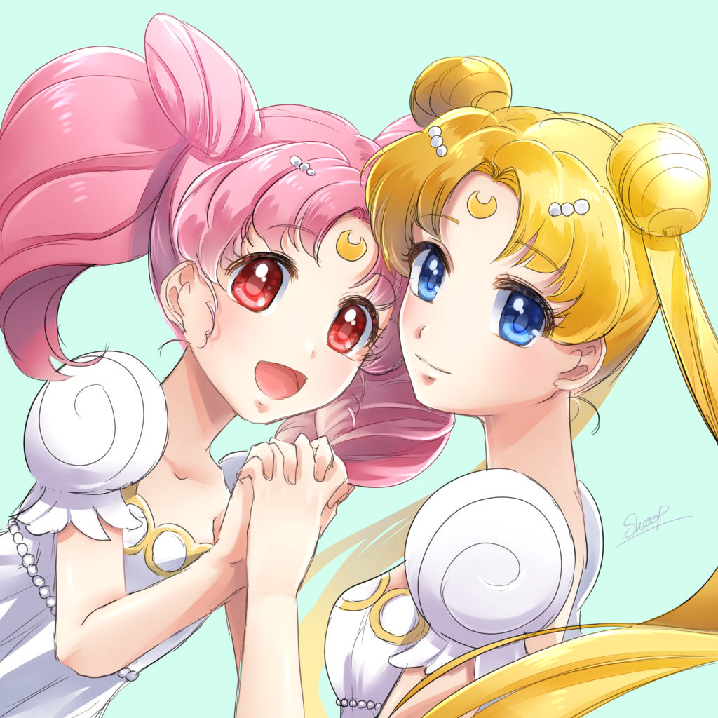 2girls, :d, bishoujo_senshi_sailor_moon, blonde_hair, blue_background, blue_eyes, chibi_usa, cone_hair_bun