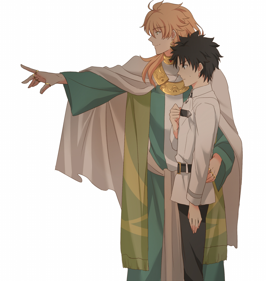 2boys, ahoge, black_hair, black_pants, blue_eyes, cowboy_shot, earrings, fate/grand_order