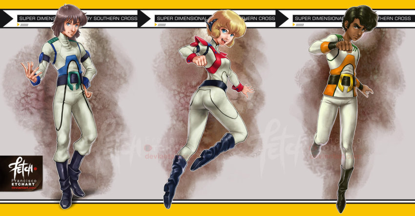 1girl, 2boys, arched_back, ass, atac, belt, black_eyes, black_footwear, blonde_hair, blue_eyes, blue_footwear, bodysuit, boots, bowie_emerson, breasts, brown_hair, bulge, charles_de_etouard, choujikuu_kidan_southern_cross, clenched_hand, closed_mouth, dark_skin, deviantart_username, english_text, eyebrows, franciscoetchart, full_body, hair_between_eyes, hand_on_own_hip, hand_up, happy, headgear, headwear_request, jeanne_francaix, leg_up, long_hair, looking_at_viewer, looking_to_the_side, medium_breasts, military, military_uniform, multiple_boys, open_mouth, outstretched_arm, outstretched_hand, science_fiction, serious, short_hair, shoulder_pads, sideburns, signature, skin_tight, smile, southern_cross, standing, watermark, web_address