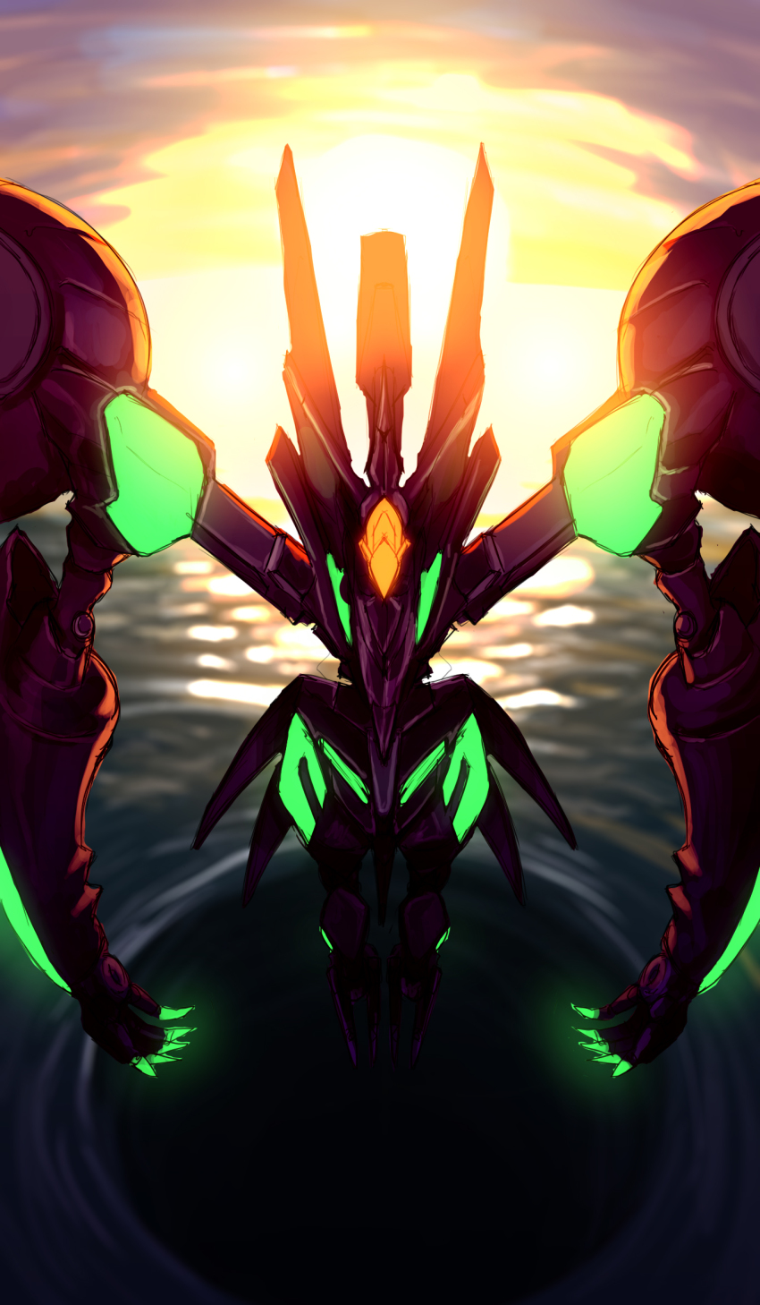 claws, floating, glowing, higa-tsubasa, highres, lens_flare, mark_nicht, mecha