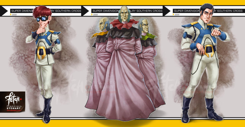 alien, andrzej_slawski, artist_name, atac, bald, belt, boots, choujikuu_kidan_southern_cross, demi, dera, dess, deviantart_username, eyebrows, franciscoetchart, glasses, louis_ducasse, male_focus, military, military_uniform, multiple_boys, old, red_hair, sideburns, southern_cross, thinking, tunic, watermark, web_address, zor