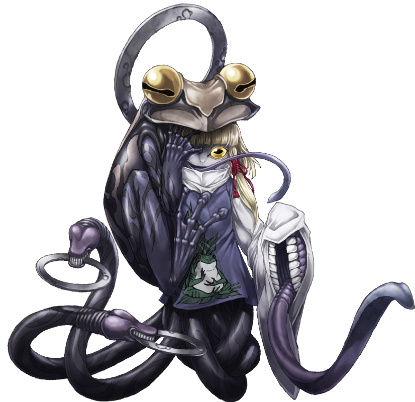 1girl, bad_id, bad_pixiv_id, cthulhu_mythos, frog, long_hair, long_tongue, mazeran, monster_girl, moriya's_iron_rings, moriya_suwako, open_mouth, pale_skin, parody, persona, simple_background, teeth, tentacles, tongue, tongue_out, touhou, transparent_background, tsathoggua, white_background, yellow_eyes
