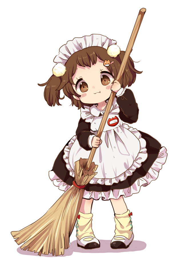 1girl, :3, apron, blush, blush_stickers, broom, brown_eyes, brown_hair, child, dress, fang, fang_out, female_focus, frills, full_body, hair_ornament, hairpin, looking_at_viewer, loose_socks, maid, maid_apron, maid_headdress, mary_janes, matching_hair/eyes, mokarooru, name_tag, original, oversized_object, pom_pom_(clothes), shoes, short_hair, simple_background, smile, socks, solo, two_side_up, uwabaki, white_background, yellow_socks