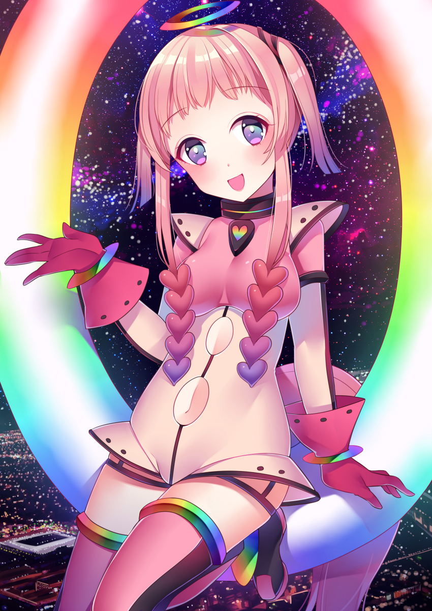 10s, 1girl, absurdres, bad_id, bad_pixiv_id, clothing_cutout, cutout_above_navel, female_focus, gloves, hair_ornament, halo, heart, heart_hair_ornament, highres, mahou_shoujo_ikusei_keikaku, mahou_shoujo_ikusei_keikaku_limited, may_(2747513627), pink_hair, purple_eyes, rain_pou, rain_pow, sky, solo, star_(sky), starry_sky, thighhighs