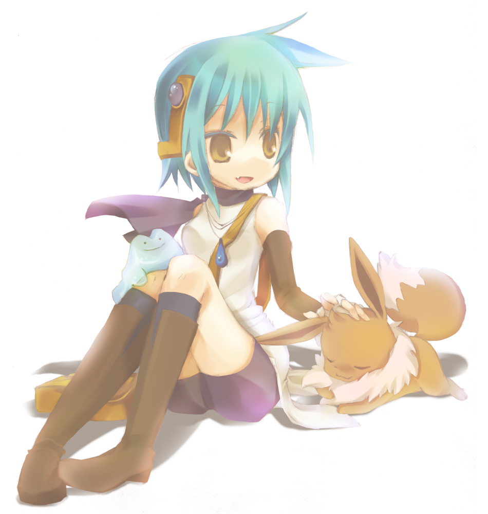 1girl, alternate_color, bike_shorts, blue_hair, boots, brown_eyes, ditto, eevee