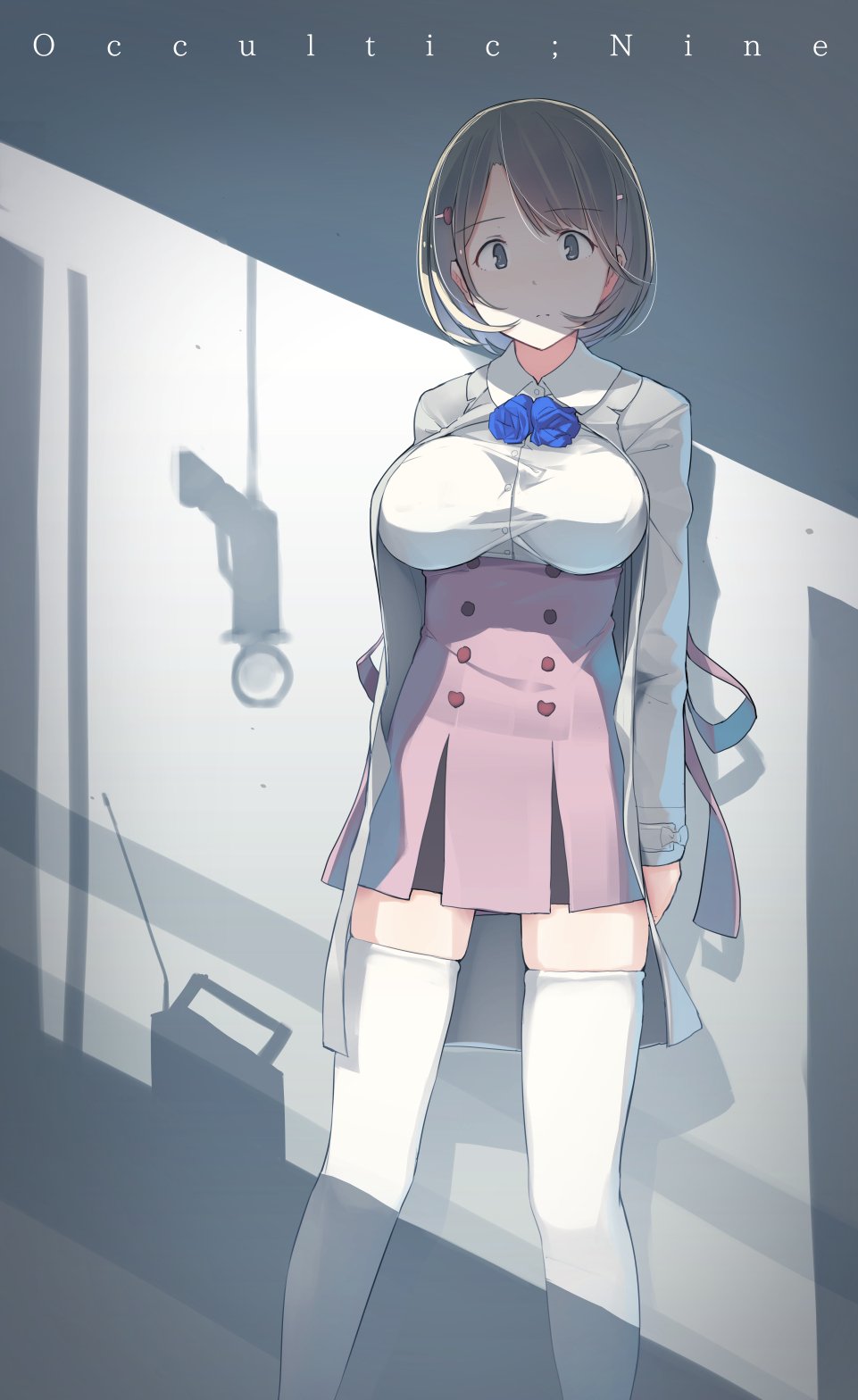10s, 1girl, against_wall, alternate_breast_size, blue_flower, blue_rose, bob_cut, breasts