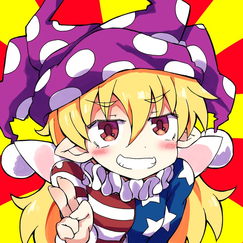 1girl, absurdres, american_flag, american_flag_dress, american_flag_print, american_flag_shirt, blonde_hair, blush, clownpiece, fairy, fairy_wings, female_focus, flag_print, frilled_shirt_collar, frills, hat, highres, jester_cap, long_hair, neck_ruff, pink_eyes, pointy_ears, polka_dot, print_shirt, shikuma, shirt, smile, solo, star_(symbol), star_print, touhou, v, very_long_hair, wings