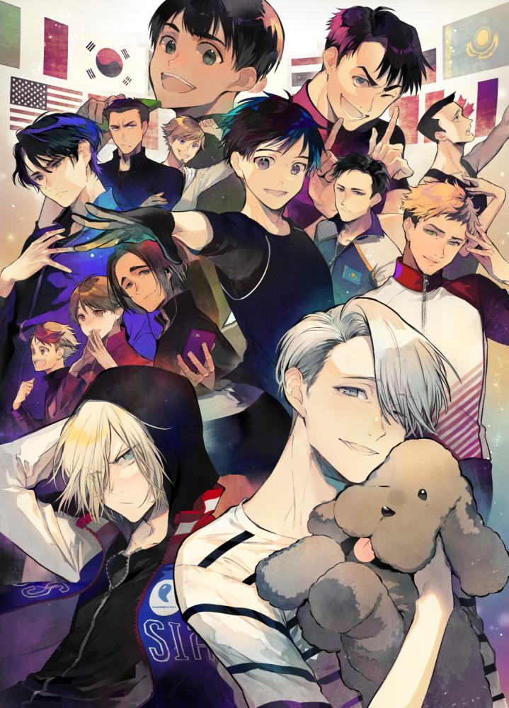 10s, 6+boys, american_flag, beard, black_gloves, black_hair, blonde_hair, blue_eyes, brown_eyes, brown_hair, christophe_giacometti, dog, emil_nekola, facial_hair, georgi_popovich, gloves, green_eyes, hair_over_one_eye, hood, italian_flag, jacket, jean-jacques_leroy, ji_guang-hong, katsuki_yuuri, lee_seung-gil, leo_de_la_iglesia, makkachin, male_focus, michele_crispino, minami_kenjirou, multicolored_hair, multiple_boys, nozaki_tsubata, one_eye_closed, open_mouth, otabek_altin, phichit_chulanont, red_hair, silver_hair, smile, track_jacket, viktor_nikiforov, yuri!!!_on_ice, yuri_plisetsky