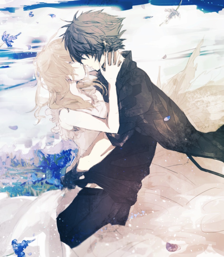 10s, 1boy, 1girl, anulioa, black_hair, blonde_hair, dress, final_fantasy, final_fantasy_xv, flower, hand_on_another's_face, hetero, highres, hug, imminent_kiss, lunafreya_nox_fleuret, noctis_lucis_caelum, petals, sky, spiked_hair, white_dress